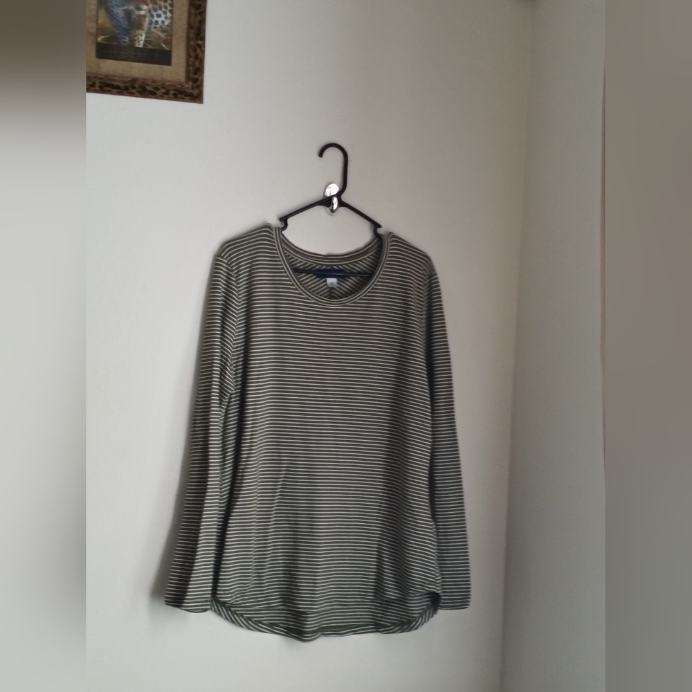 Simply Styled Blouse Women XL Green and White Striped Top Casual Academia Office